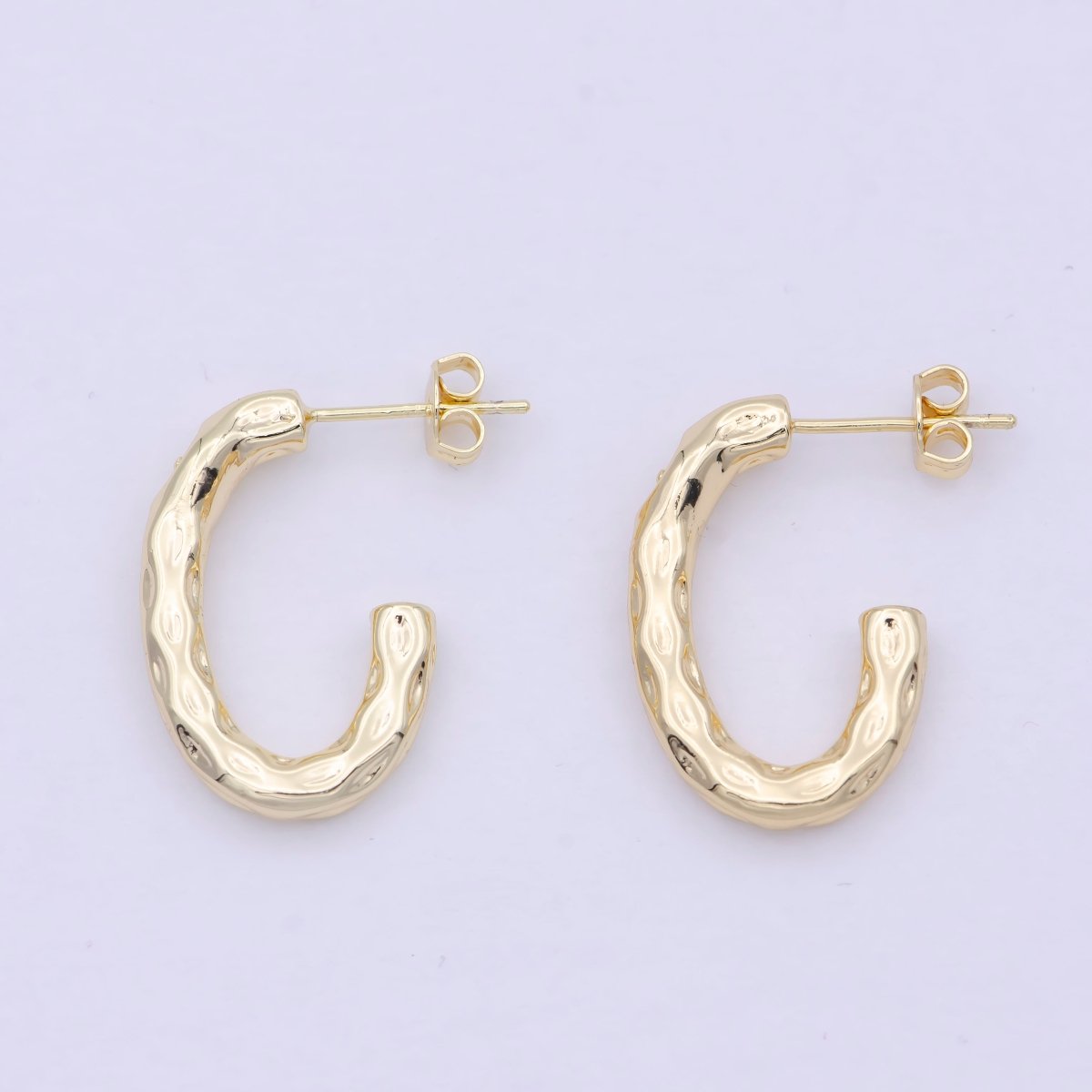 14K Gold plated J Shaped Hammered Rustic Stud Hoops Earrings K-203 - DLUXCA