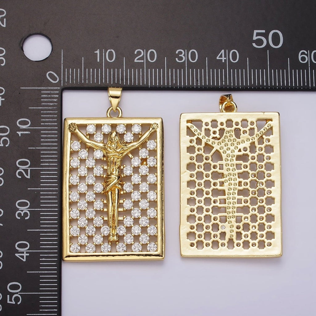 14K Gold plated Jesus Crucifix Religious Open Clear CZ Checkered Rectangular Tag Charm | N1943 - DLUXCA