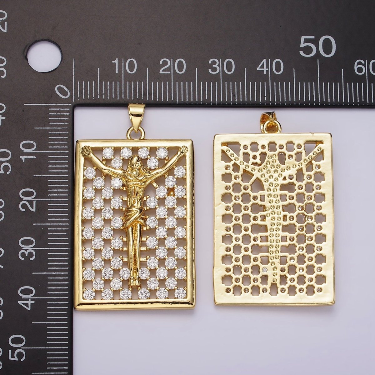 14K Gold plated Jesus Crucifix Religious Open Clear CZ Checkered Rectangular Tag Charm | N1943 - DLUXCA