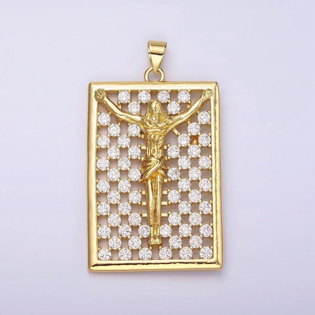 14K Gold plated Jesus Crucifix Religious Open Clear CZ Checkered Rectangular Tag Charm | N1943 - DLUXCA