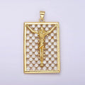 14K Gold plated Jesus Crucifix Religious Open Clear CZ Checkered Rectangular Tag Charm | N1943 - DLUXCA