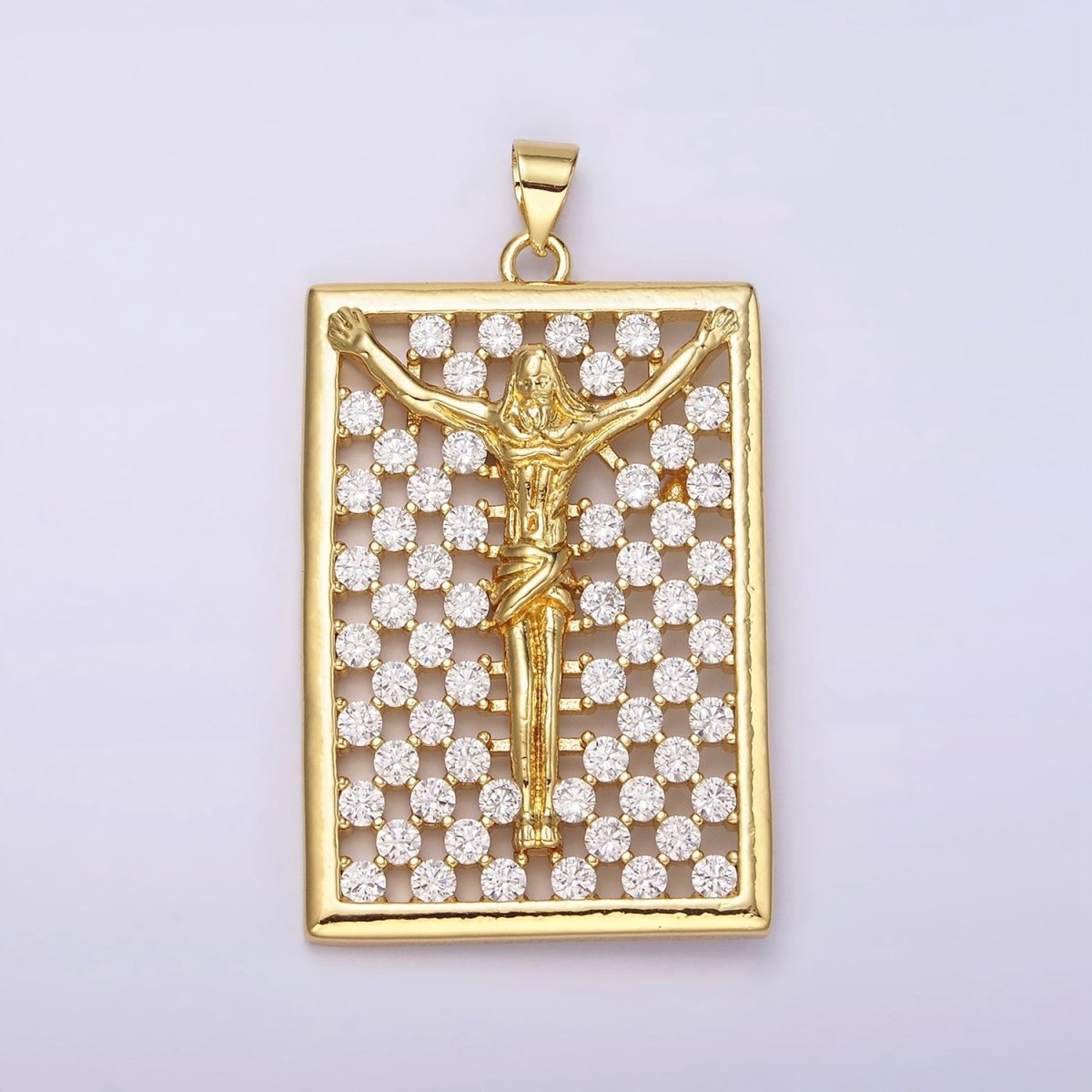 14K Gold plated Jesus Crucifix Religious Open Clear CZ Checkered Rectangular Tag Charm | N1943 - DLUXCA