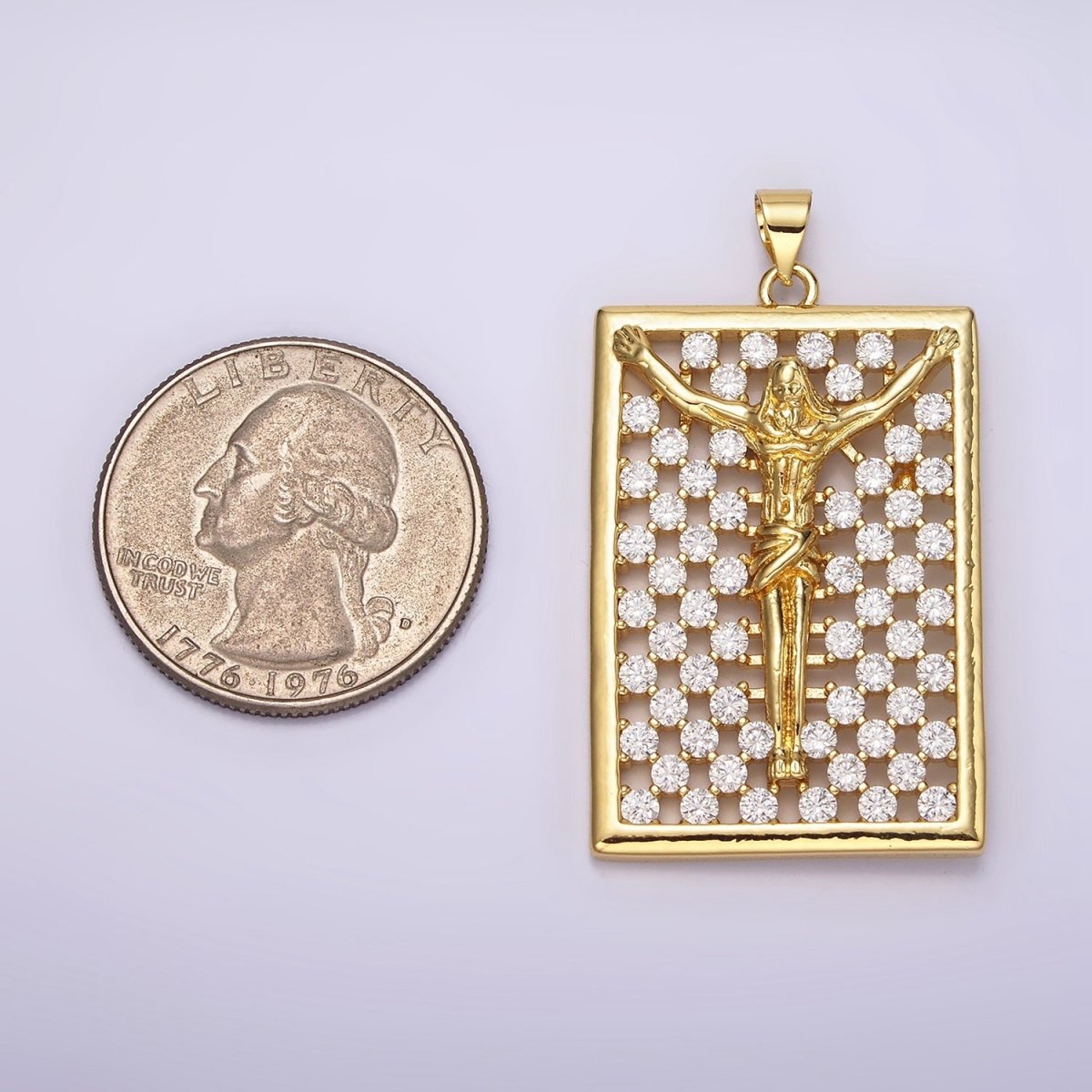 14K Gold plated Jesus Crucifix Religious Open Clear CZ Checkered Rectangular Tag Charm | N1943 - DLUXCA