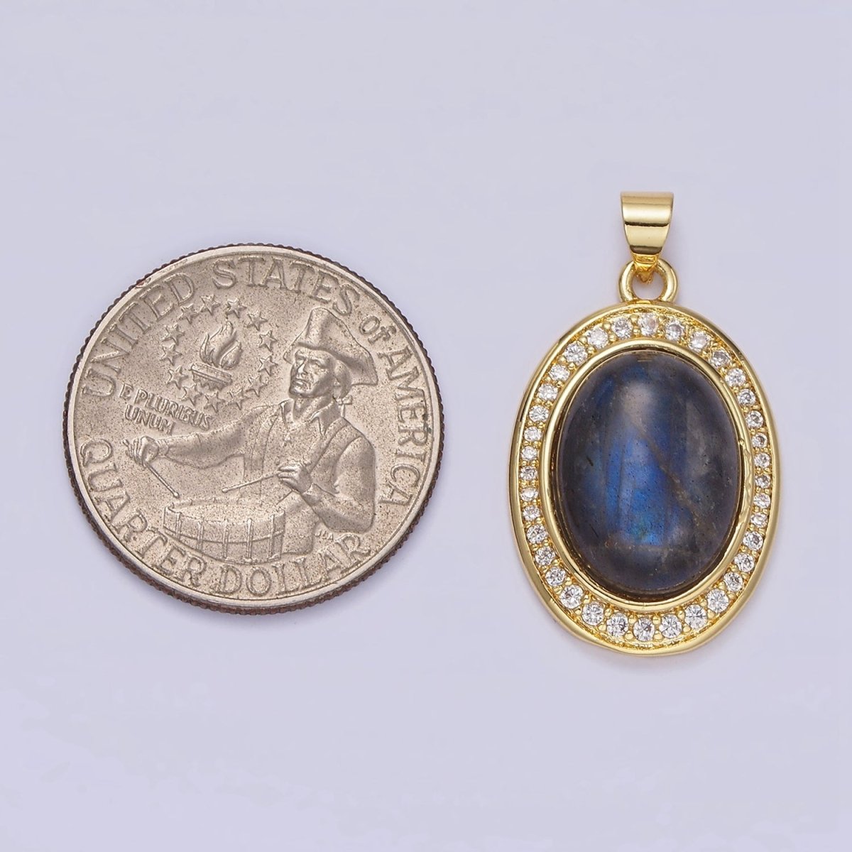 14K Gold plated Labradorite Cabochon Clear Micro Paved CZ Oval Pendant | AA681 - DLUXCA