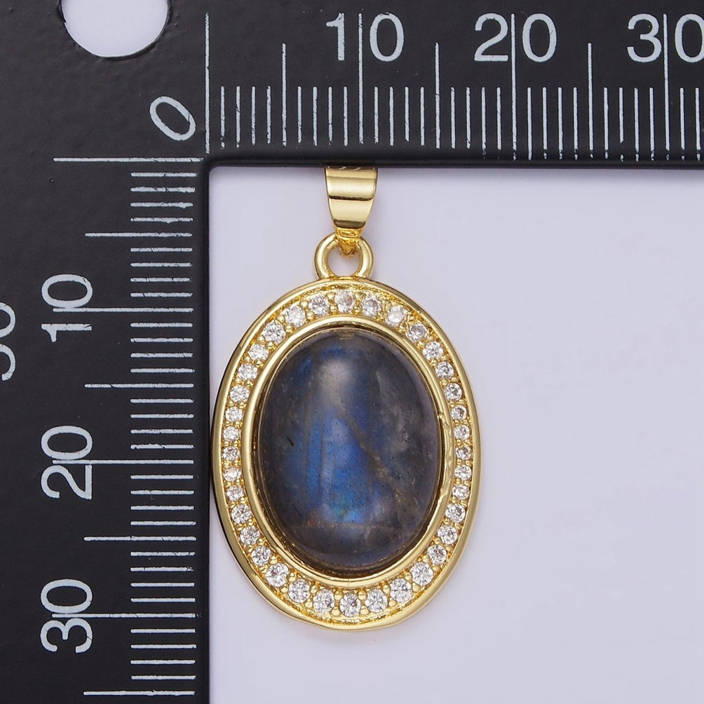 14K Gold plated Labradorite Cabochon Clear Micro Paved CZ Oval Pendant | AA681 - DLUXCA