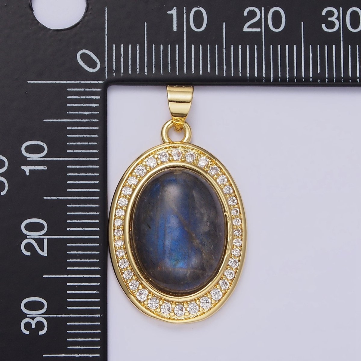 14K Gold plated Labradorite Cabochon Clear Micro Paved CZ Oval Pendant | AA681 - DLUXCA