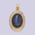 14K Gold plated Labradorite Cabochon Clear Micro Paved CZ Oval Pendant | AA681 - DLUXCA