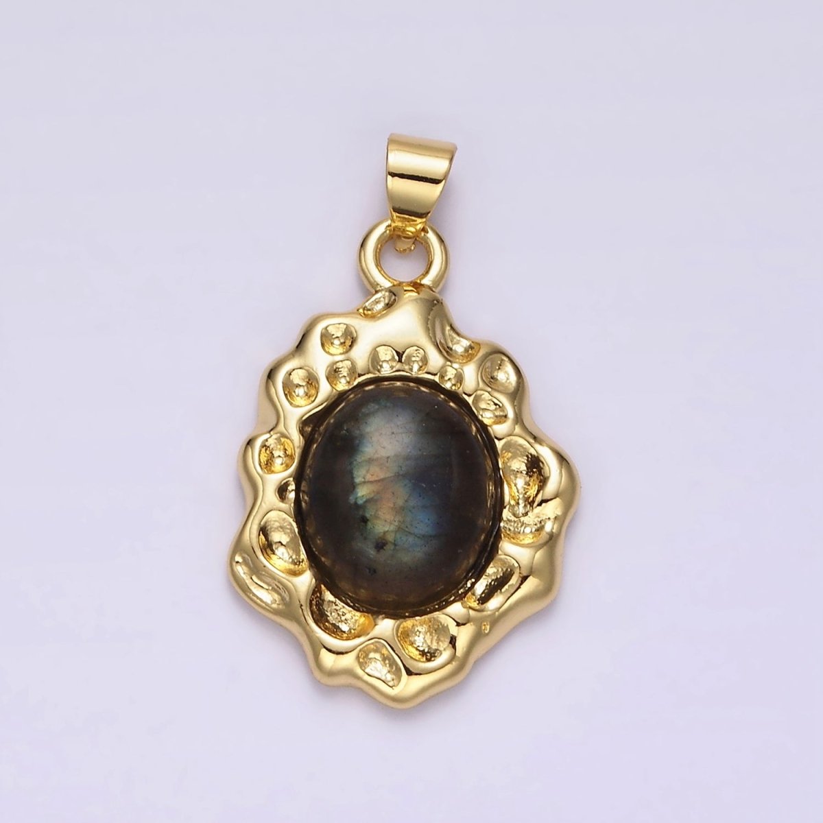 14K Gold plated Labradorite Cabochon Dotted Abstract Pendant | N1913 - DLUXCA