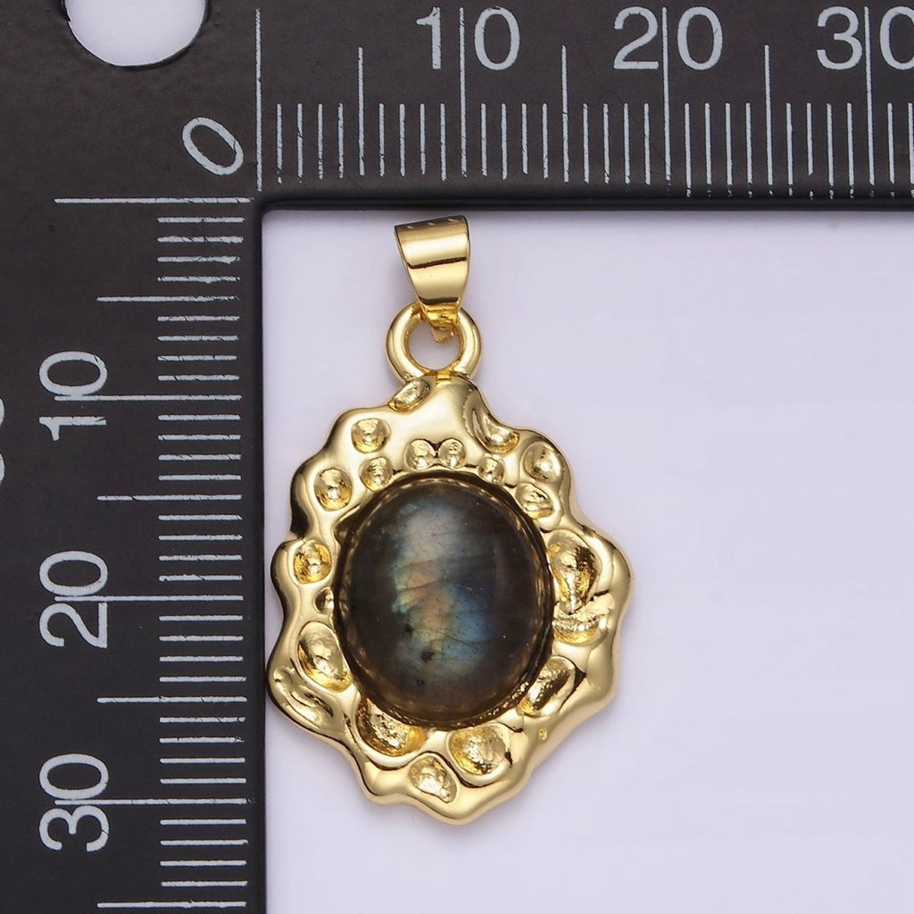 14K Gold plated Labradorite Cabochon Dotted Abstract Pendant | N1913 - DLUXCA