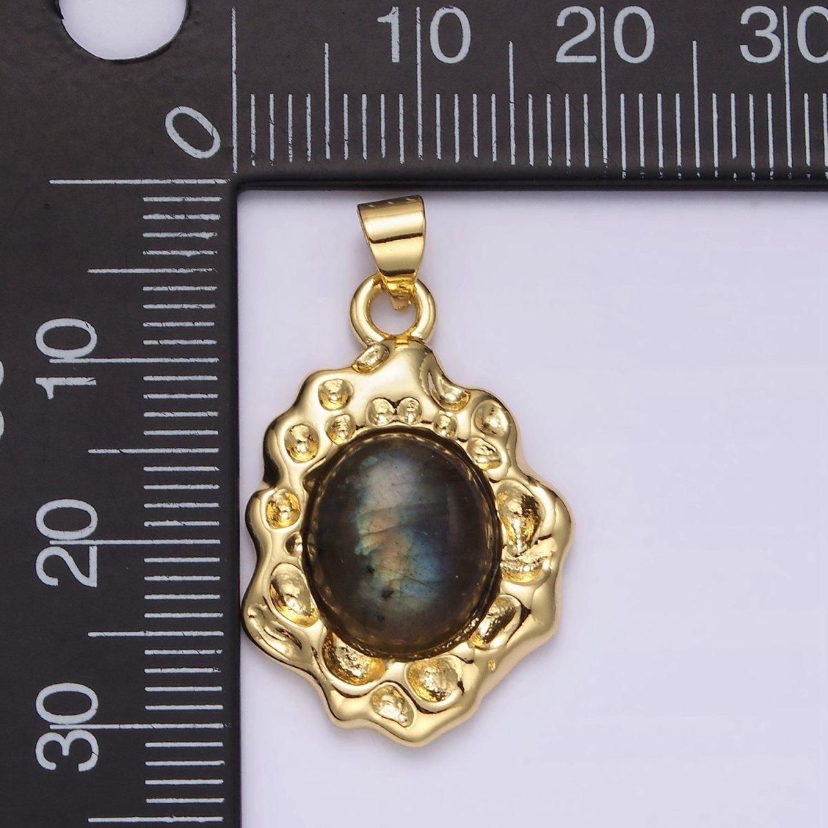 14K Gold plated Labradorite Cabochon Dotted Abstract Pendant | N1913 - DLUXCA