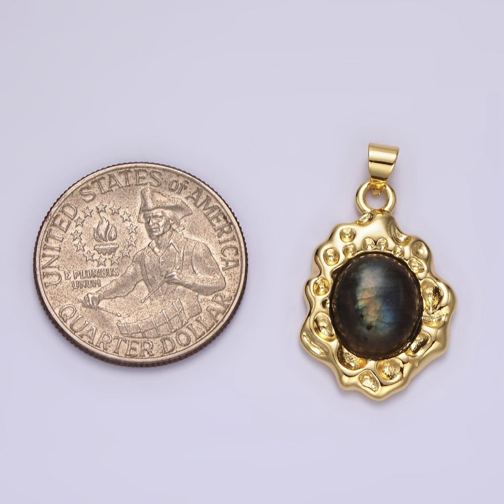14K Gold plated Labradorite Cabochon Dotted Abstract Pendant | N1913 - DLUXCA