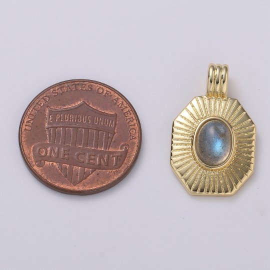 14k Gold plated Labradorite Charm Octagon Sunburst Medallion H-290 - DLUXCA
