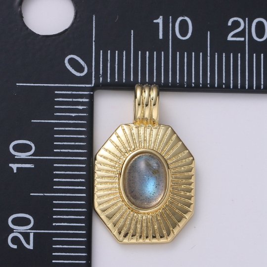 14k Gold plated Labradorite Charm Octagon Sunburst Medallion H-290 - DLUXCA