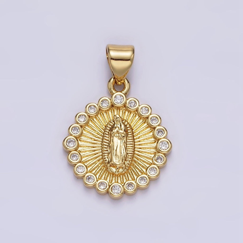 14K Gold plated Lady Guadalupe Mother Mary Sunburst Round CZ Outline Pendant | AA607 - DLUXCA