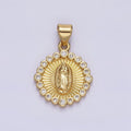14K Gold plated Lady Guadalupe Mother Mary Sunburst Round CZ Outline Pendant | AA607 - DLUXCA
