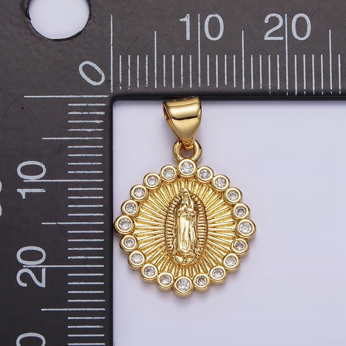 14K Gold plated Lady Guadalupe Mother Mary Sunburst Round CZ Outline Pendant | AA607 - DLUXCA