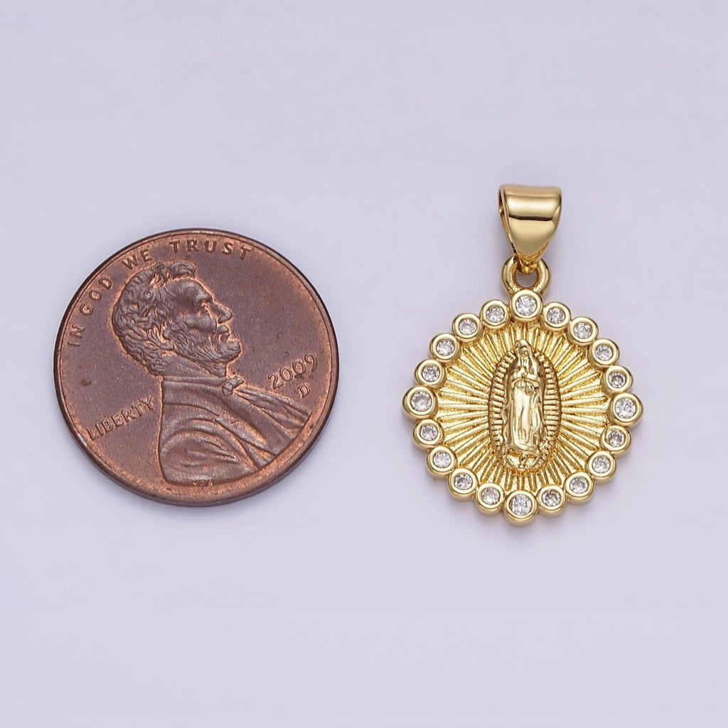 14K Gold plated Lady Guadalupe Mother Mary Sunburst Round CZ Outline Pendant | AA607 - DLUXCA