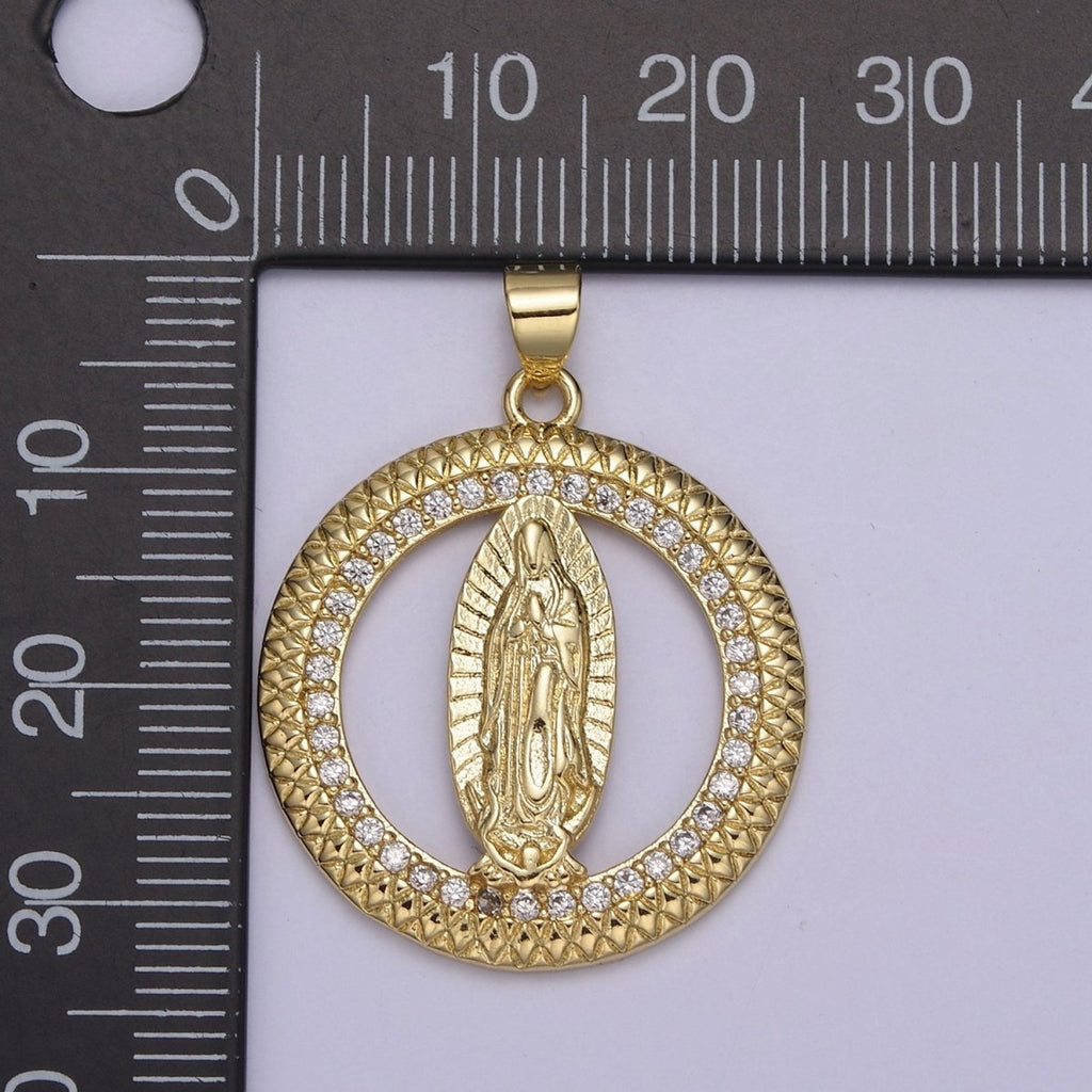 14K Gold plated Lady Guadalupe Round Religious Medallion Pendant Micro Pave Virgin Mary necklace Charm H-885 - DLUXCA