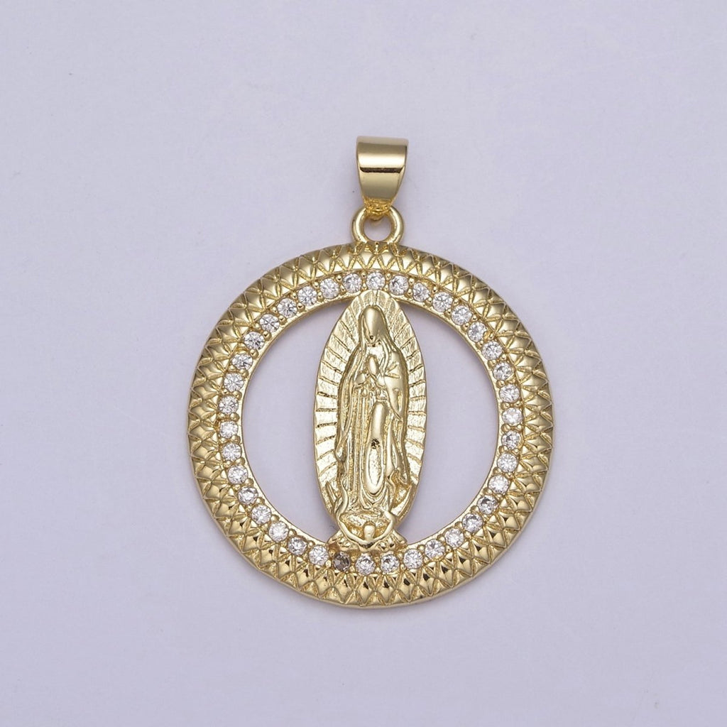 14K Gold plated Lady Guadalupe Round Religious Medallion Pendant Micro Pave Virgin Mary necklace Charm H-885 - DLUXCA