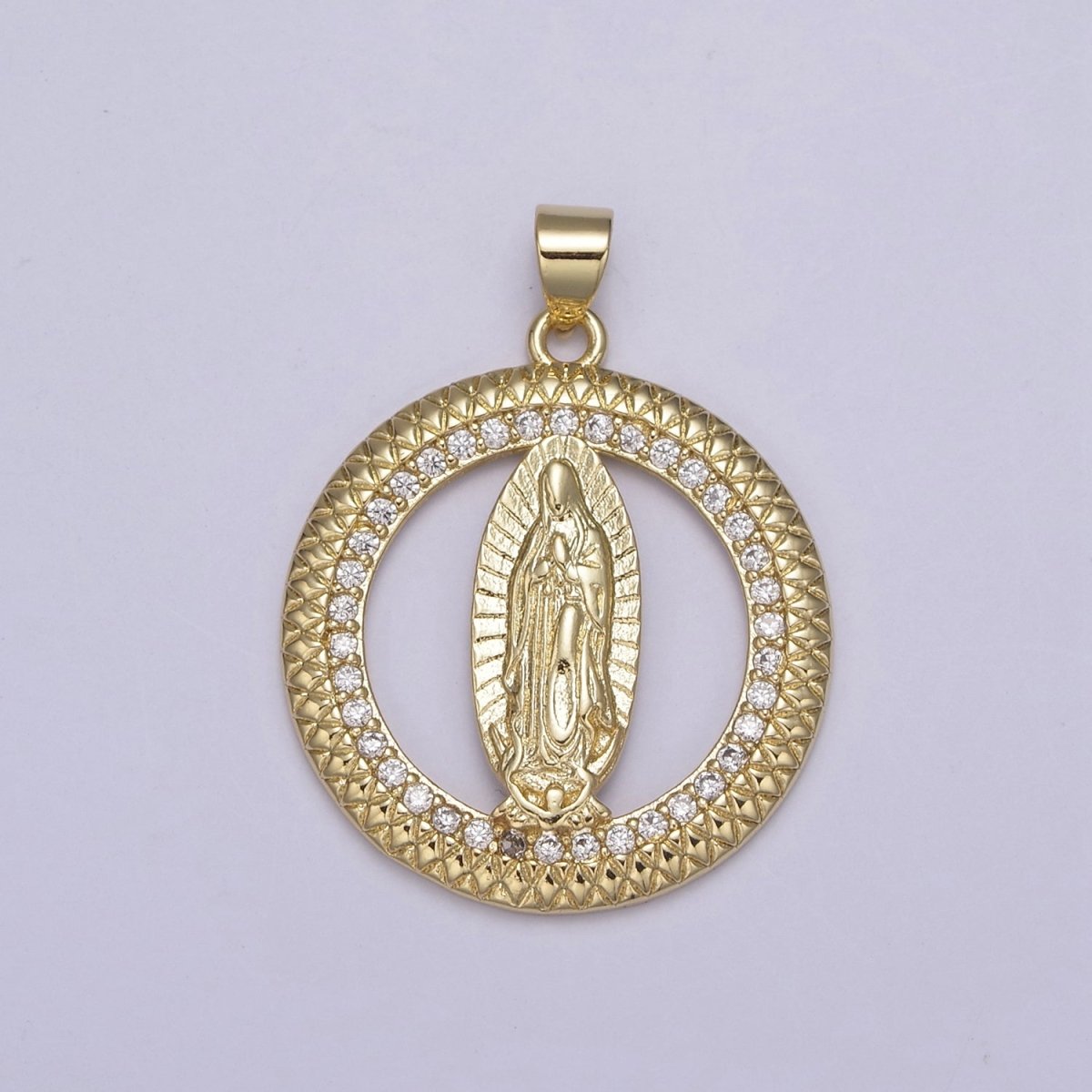 14K Gold plated Lady Guadalupe Round Religious Medallion Pendant Micro Pave Virgin Mary necklace Charm H-885 - DLUXCA