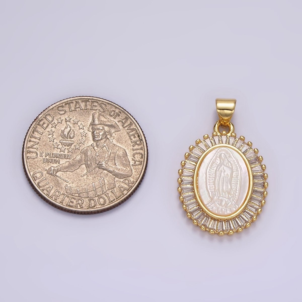 14K Gold plated Lady Guadalupe Shell Pearl Baguette Outlined Oval Religious Pendant | N1912 - DLUXCA