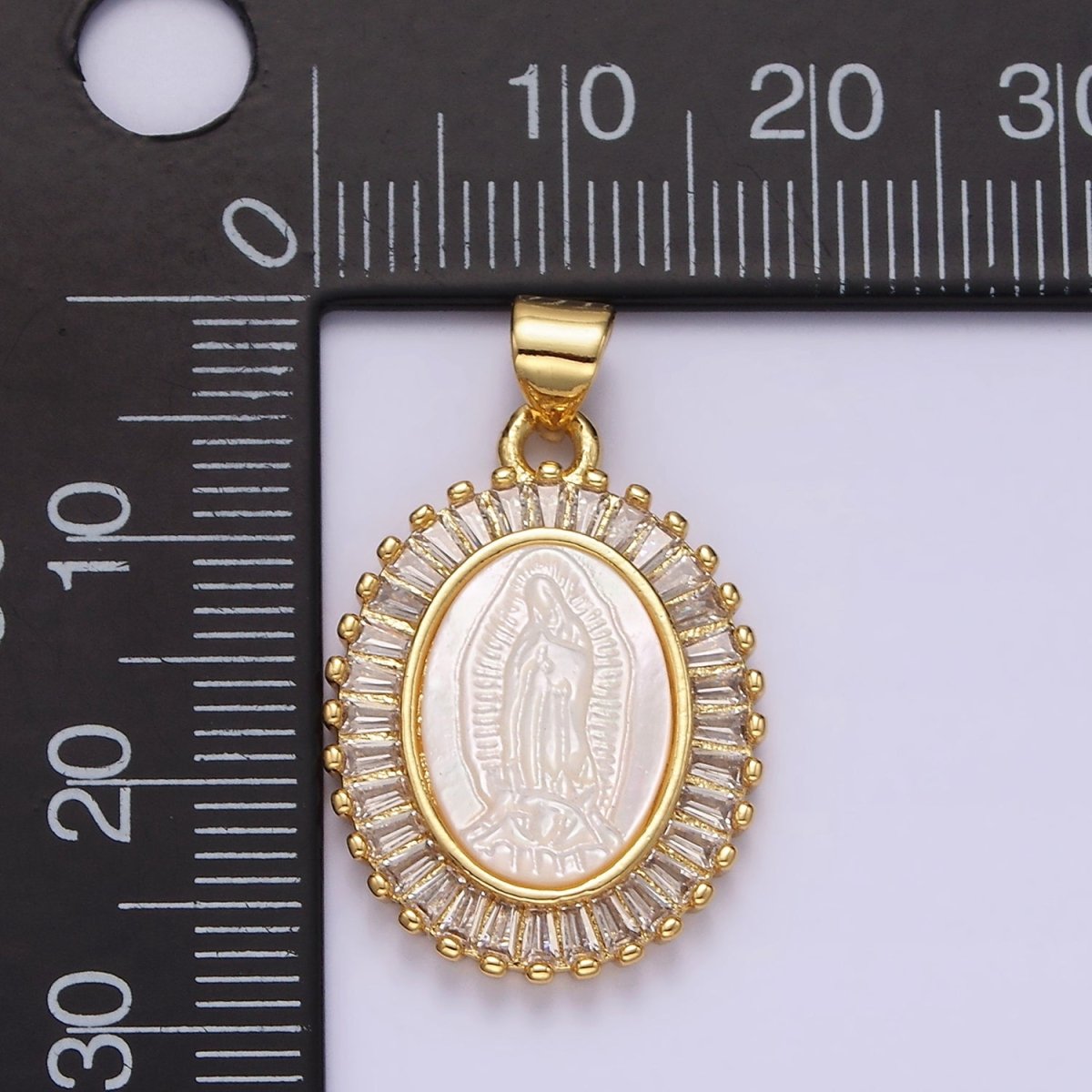 14K Gold plated Lady Guadalupe Shell Pearl Baguette Outlined Oval Religious Pendant | N1912 - DLUXCA