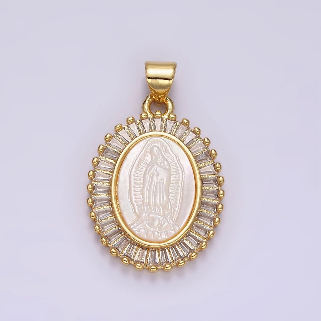 14K Gold plated Lady Guadalupe Shell Pearl Baguette Outlined Oval Religious Pendant | N1912 - DLUXCA