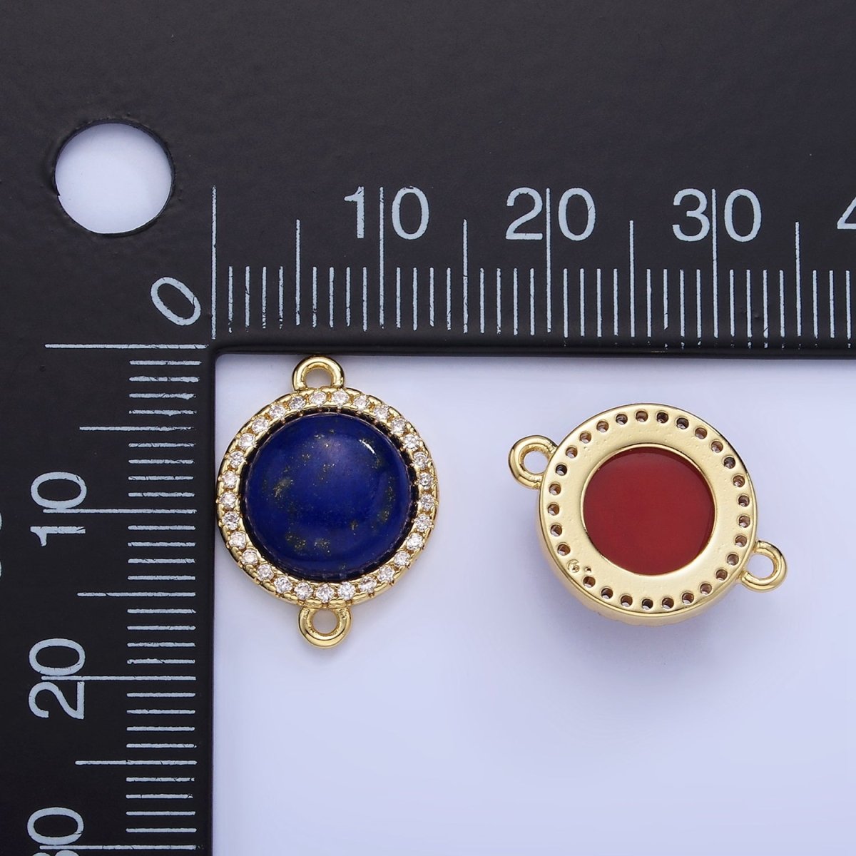 14K Gold plated Lapis Lazuli, Carnelian Micro Paved CZ Round Connector | G332
