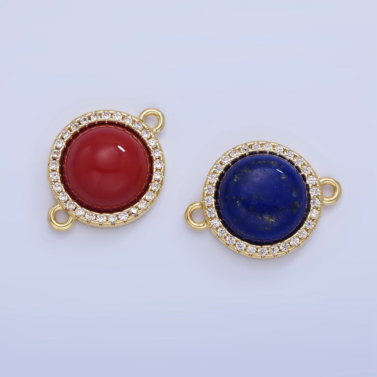 14K Gold plated Lapis Lazuli, Carnelian Micro Paved CZ Round Connector | G332
