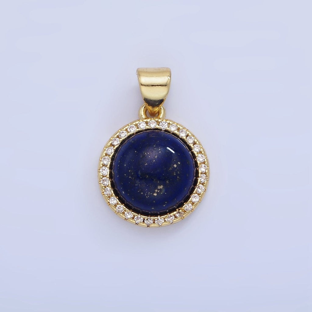 14K Gold plated Lapis Lazuli, Carnelian Micro Paved CZ Round Pendant | AA1248