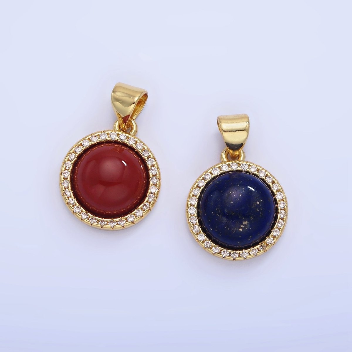 14K Gold plated Lapis Lazuli, Carnelian Micro Paved CZ Round Pendant | AA1248