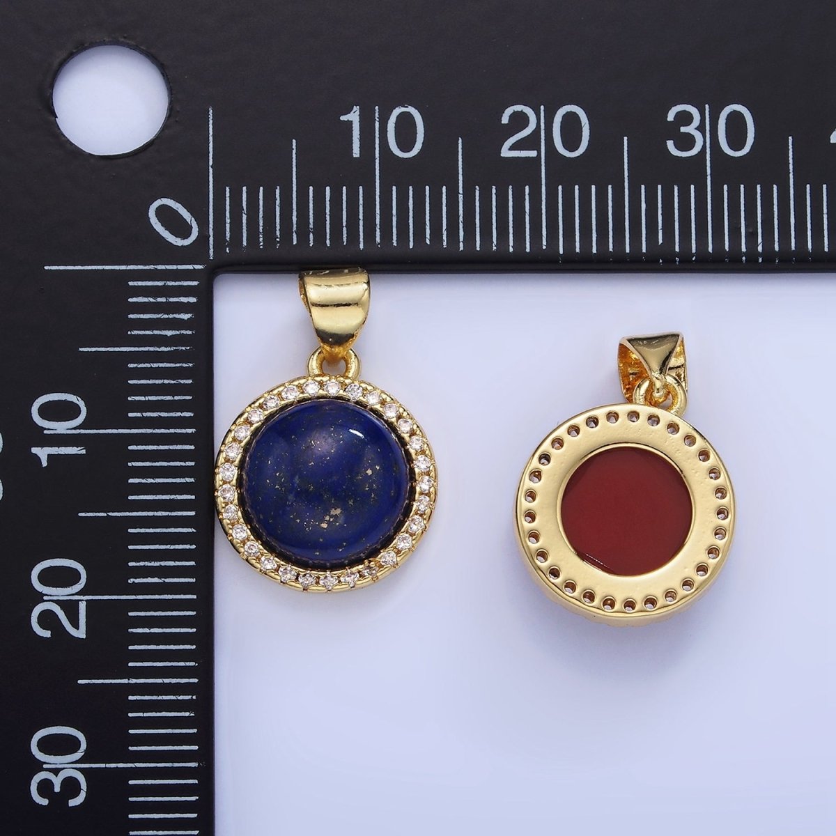 14K Gold plated Lapis Lazuli, Carnelian Micro Paved CZ Round Pendant | AA1248