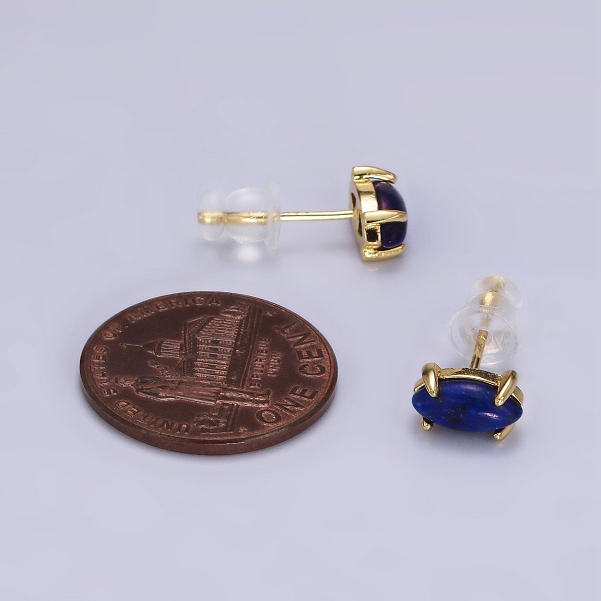 14K Gold plated Lapis Lazuli Gemstone Sphere Minimalist Stud Earrings | AE114 - DLUXCA