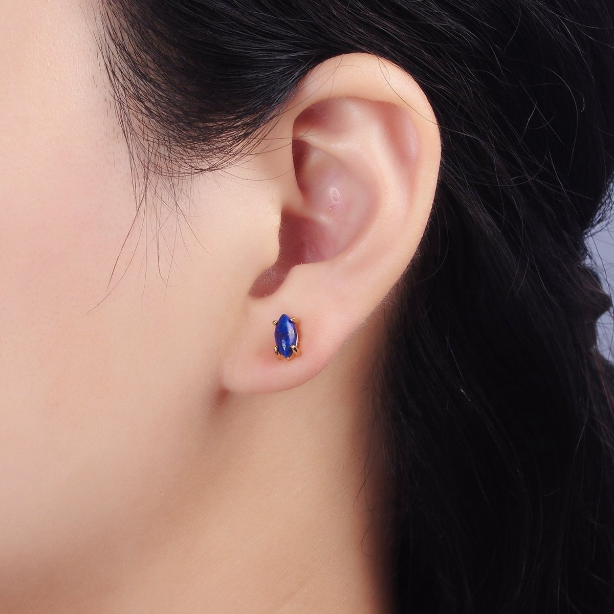 14K Gold plated Lapis Lazuli Gemstone Sphere Minimalist Stud Earrings | AE114 - DLUXCA