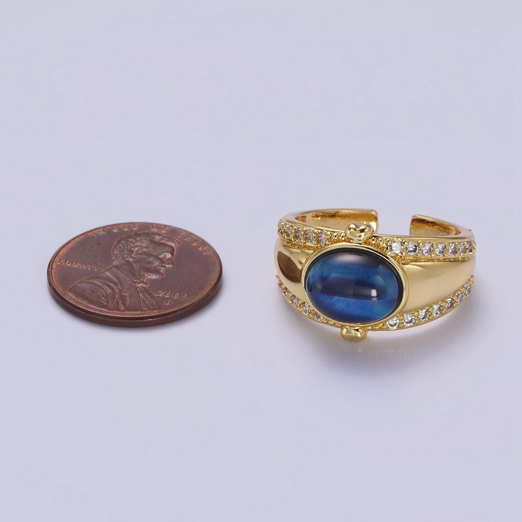 14K Gold plated Lapis Lazuli Oval Double Heart Micro Paved CZ Signet Ring | O-591 - DLUXCA