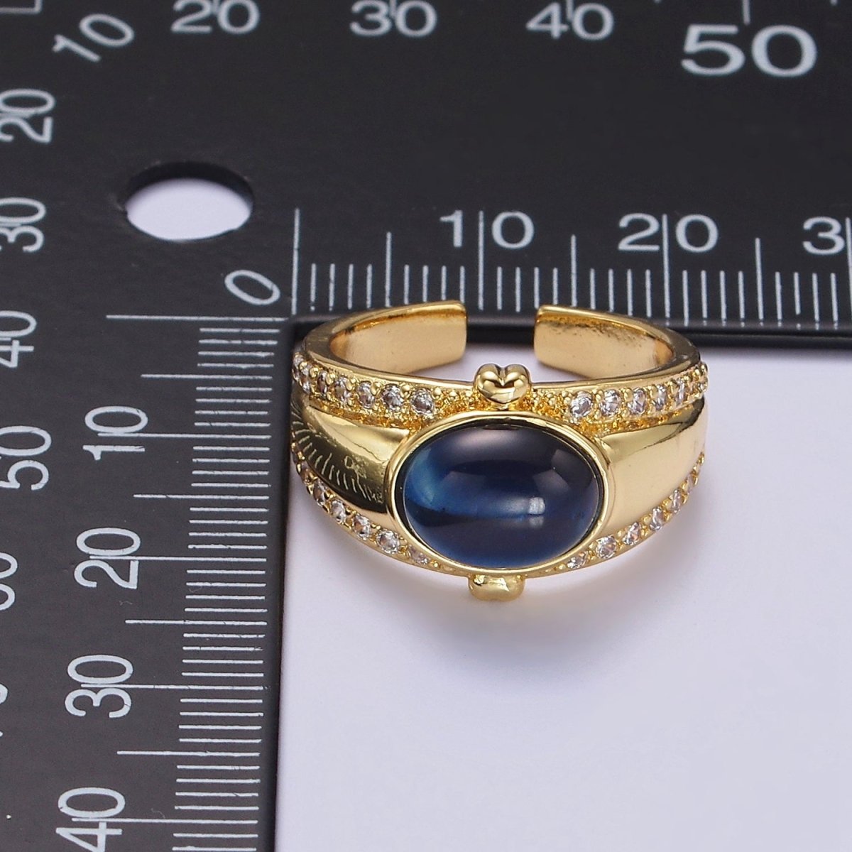 14K Gold plated Lapis Lazuli Oval Double Heart Micro Paved CZ Signet Ring | O-591 - DLUXCA