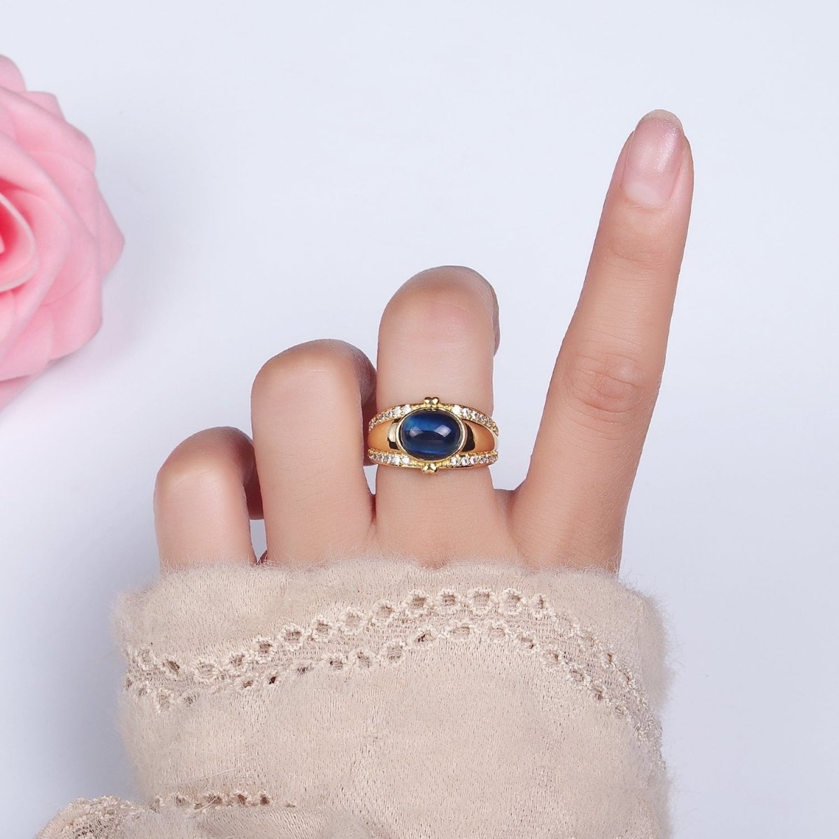 14K Gold plated Lapis Lazuli Oval Double Heart Micro Paved CZ Signet Ring | O-591 - DLUXCA