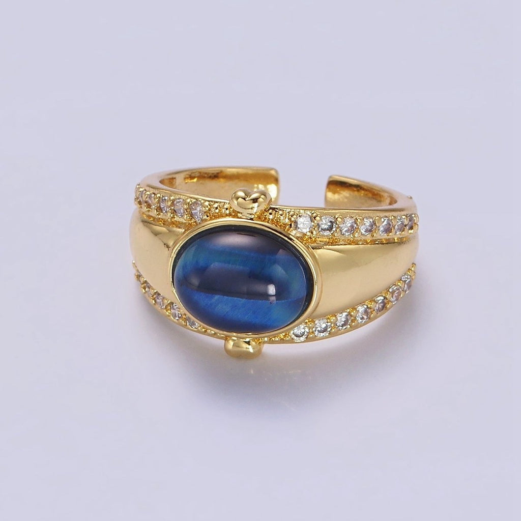14K Gold plated Lapis Lazuli Oval Double Heart Micro Paved CZ Signet Ring | O-591 - DLUXCA