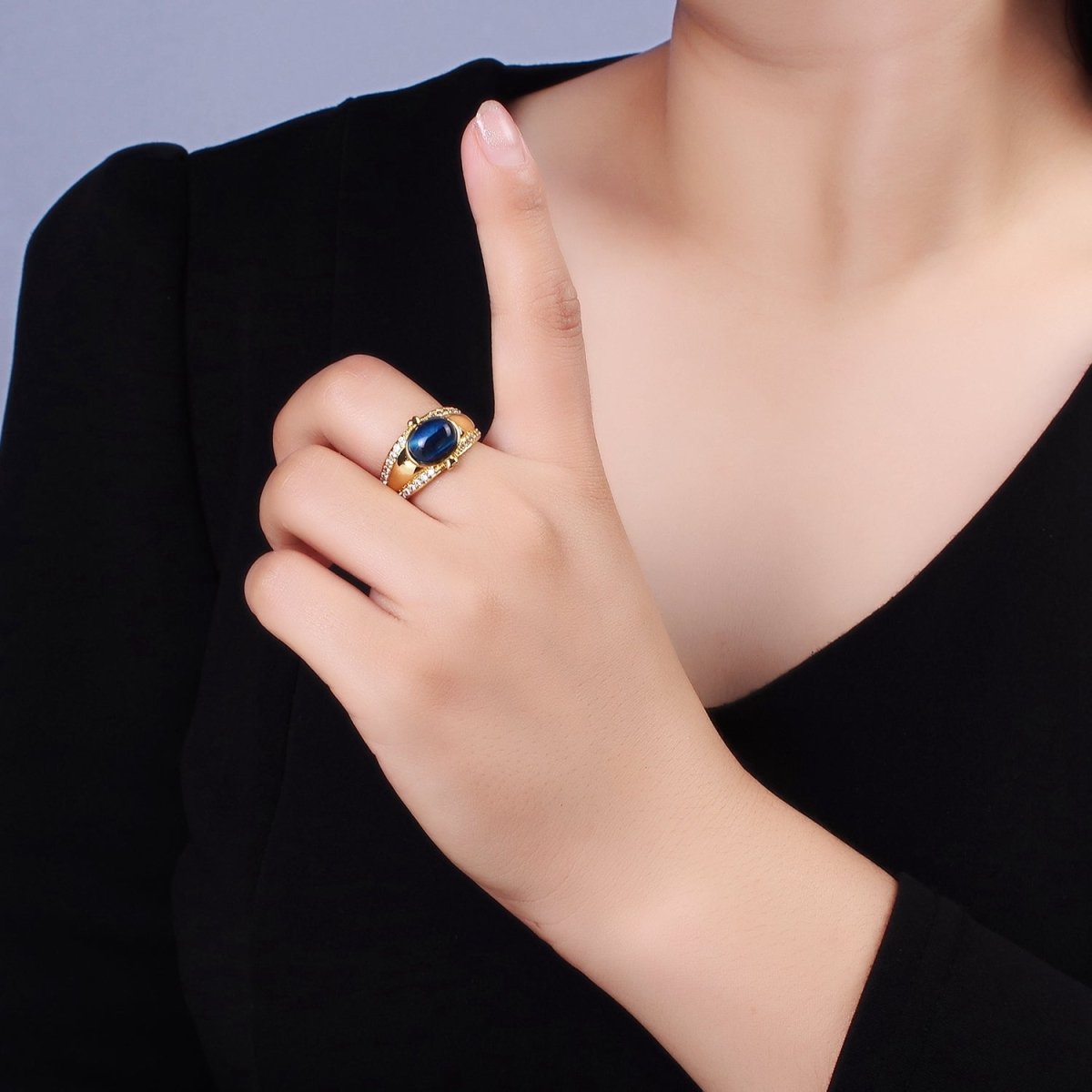 14K Gold plated Lapis Lazuli Oval Double Heart Micro Paved CZ Signet Ring | O-591 - DLUXCA