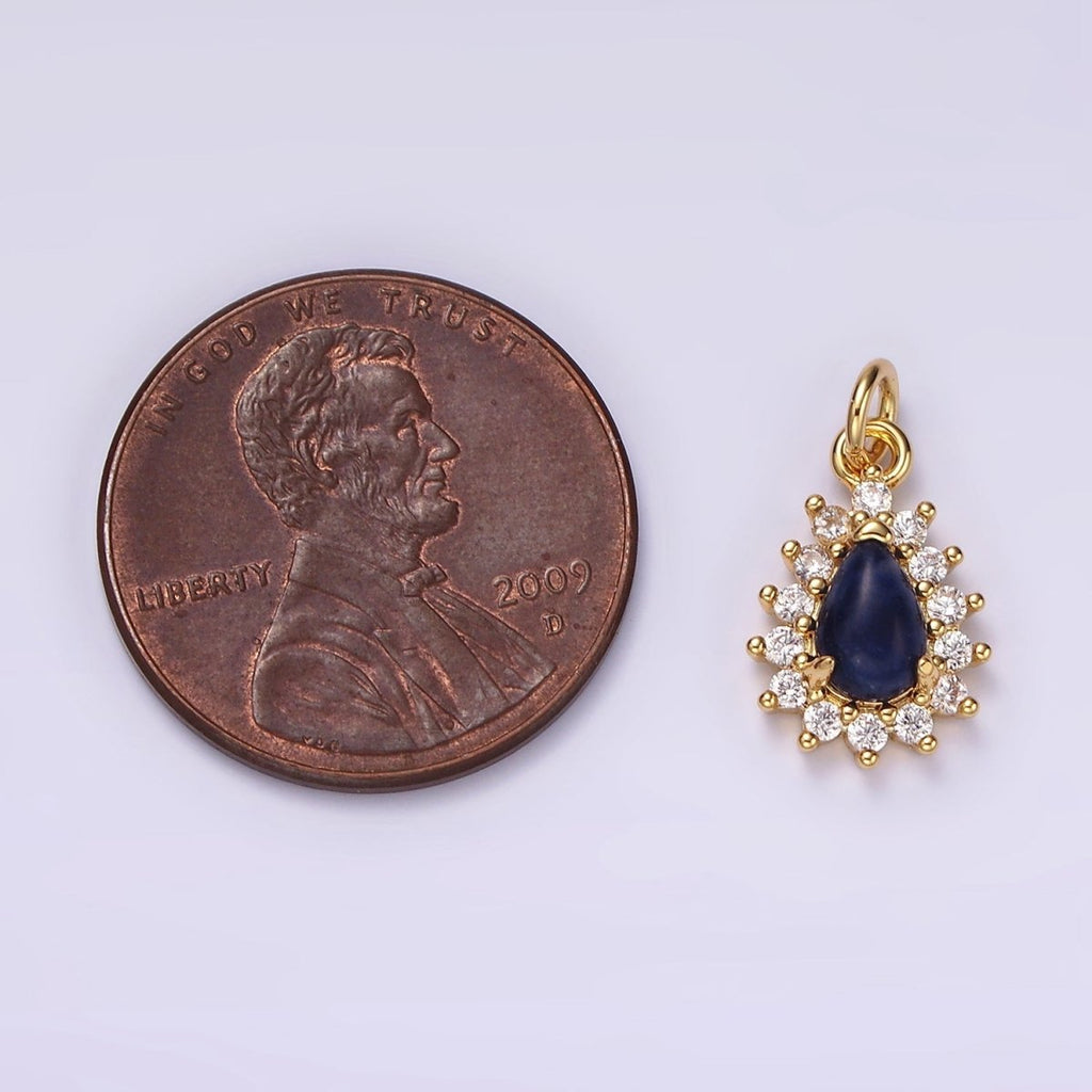 14K Gold plated Lapis Lazuli Teardrop CZ Lined Charm | AG490 - DLUXCA