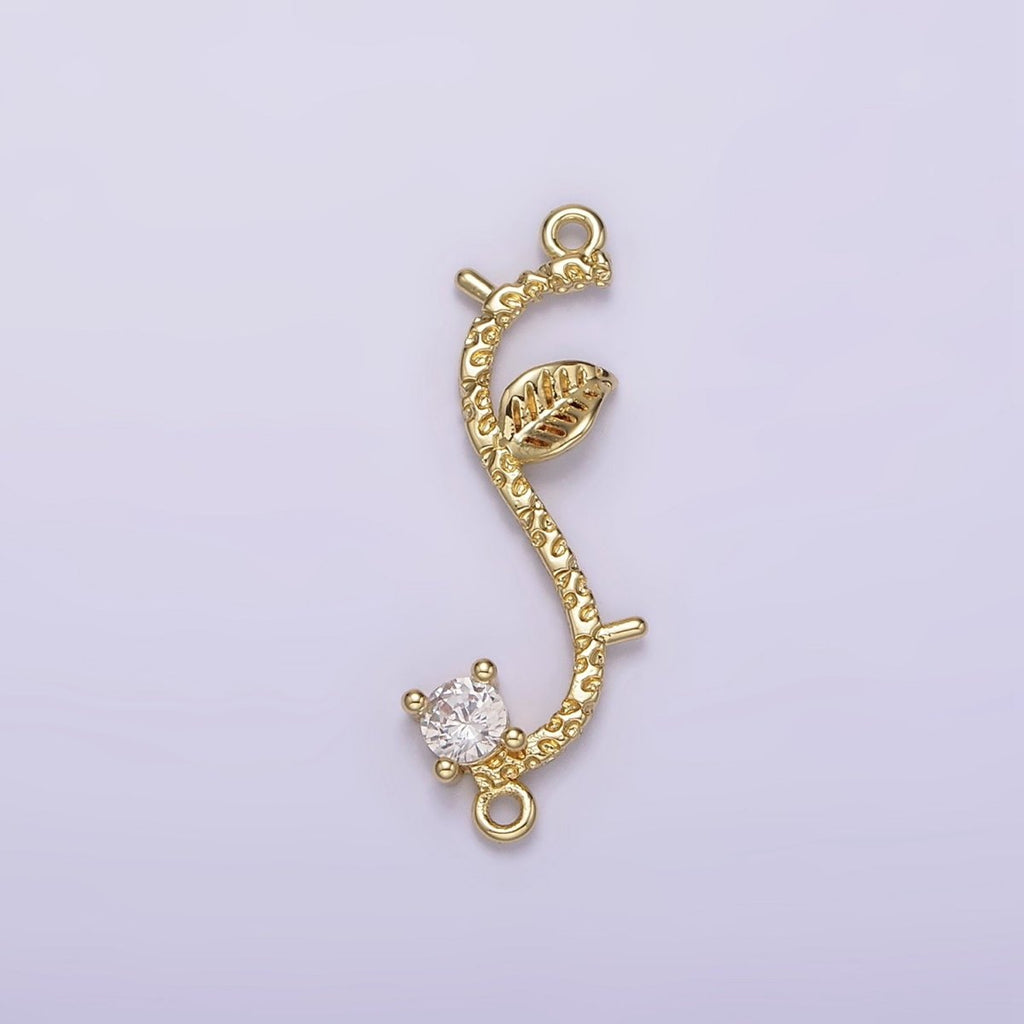 14K Gold plated Leaf Plant CZ S-Curved Branch Connector | G-077 - DLUXCA