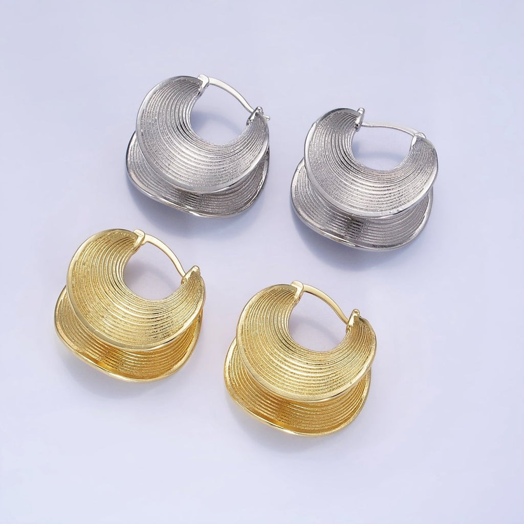 14K Gold plated Line-Textured Curved Band Latch Hoop Earrings in Gold & Silver | AB1313 AB1314 - DLUXCA