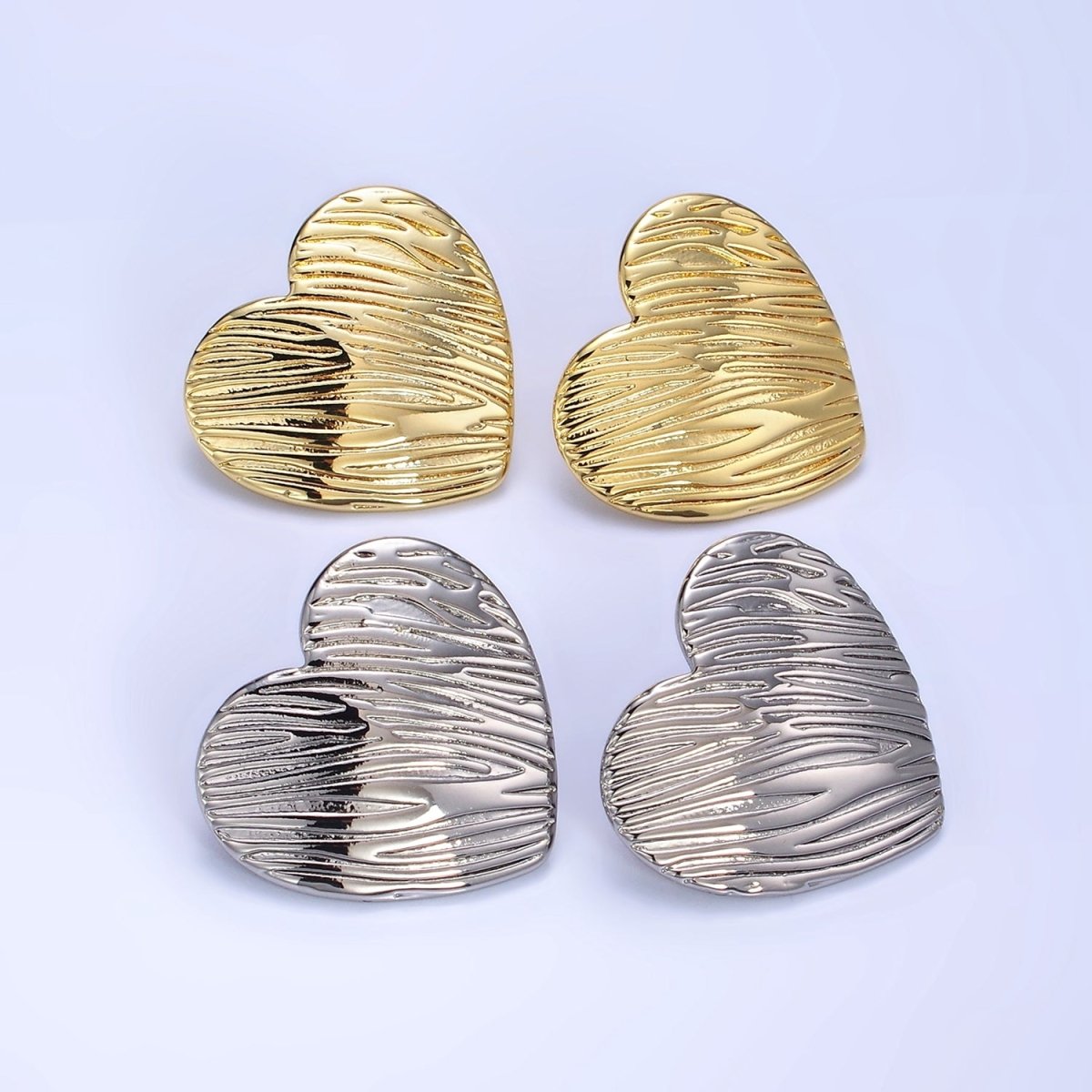 14K Gold plated Line-Textured Heart Stud Earrings  in Gold & Silver | P456 P457