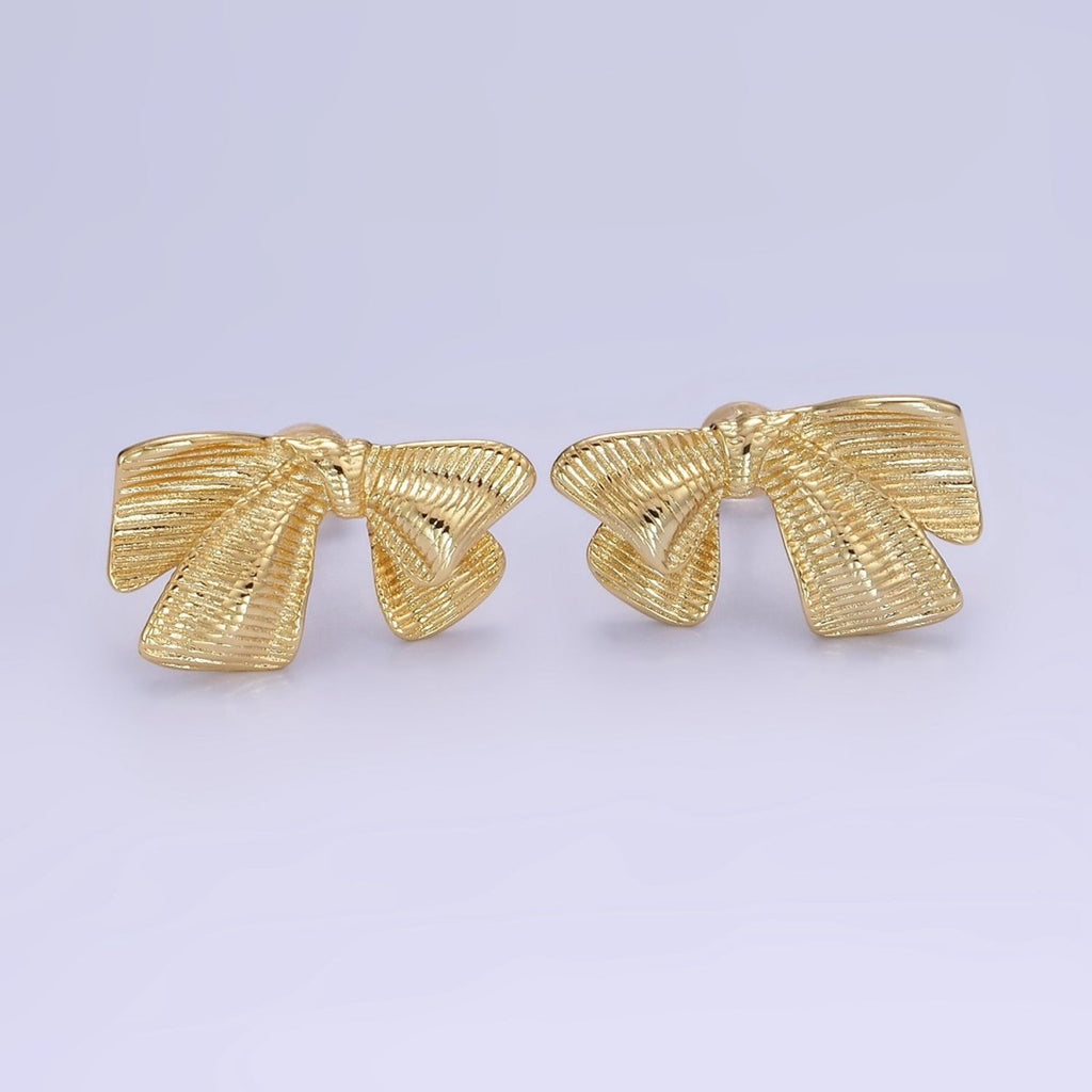 14K Gold plated Line-Textured Ribbon Bow Stud Earrings | P503 - DLUXCA