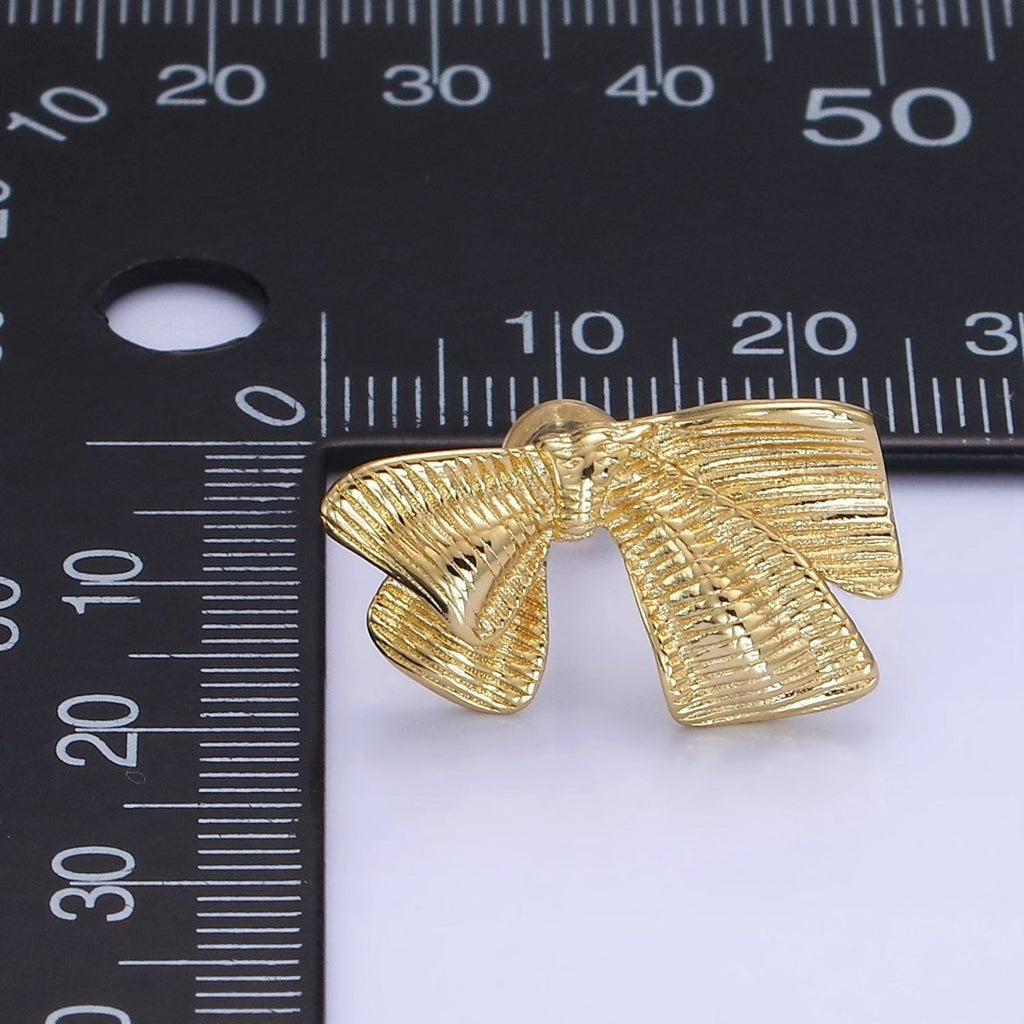 14K Gold plated Line-Textured Ribbon Bow Stud Earrings | P503 - DLUXCA