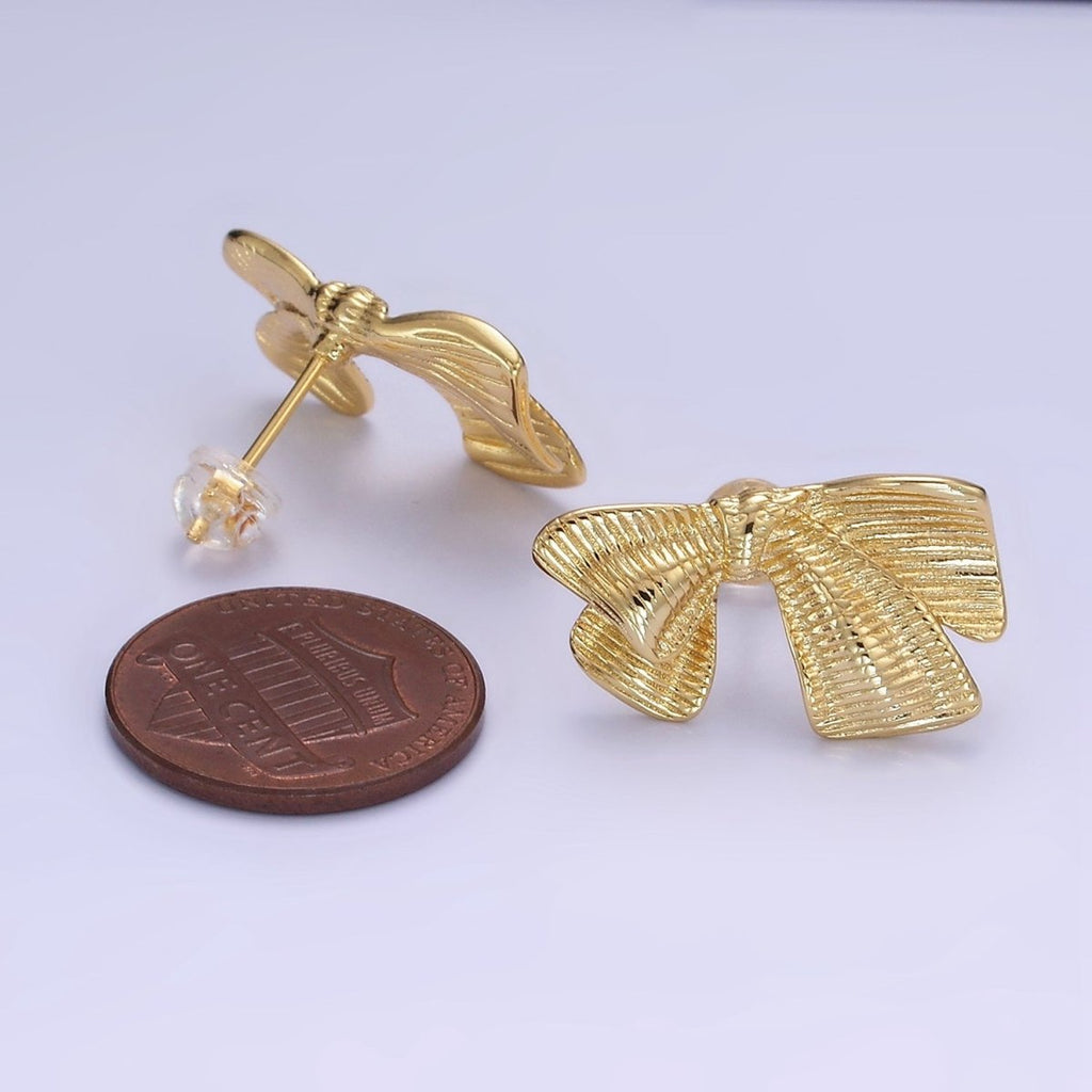 14K Gold plated Line-Textured Ribbon Bow Stud Earrings | P503 - DLUXCA
