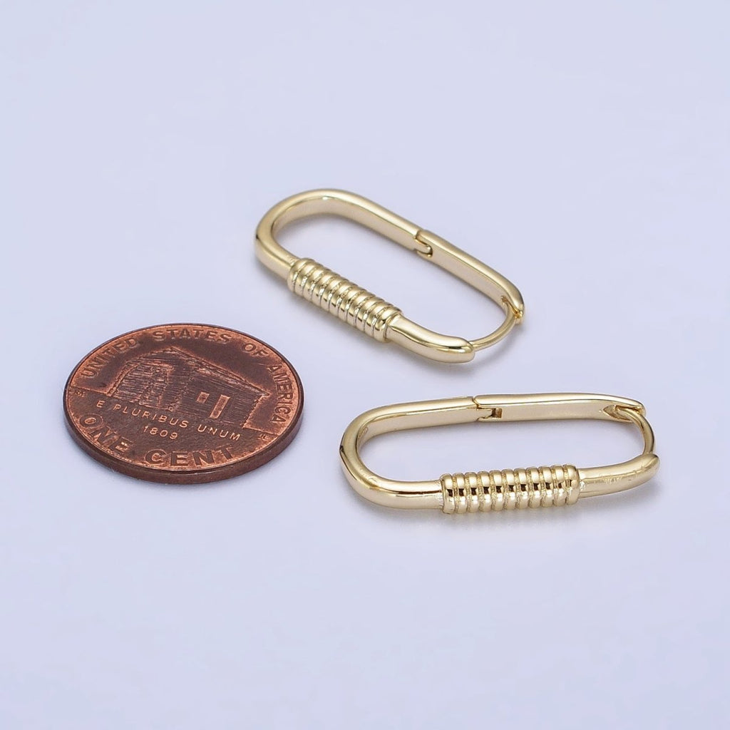 14K Gold plated Lined Cylinder 25mm Oblong Minimalist Hoop Earrings | AB424 - DLUXCA