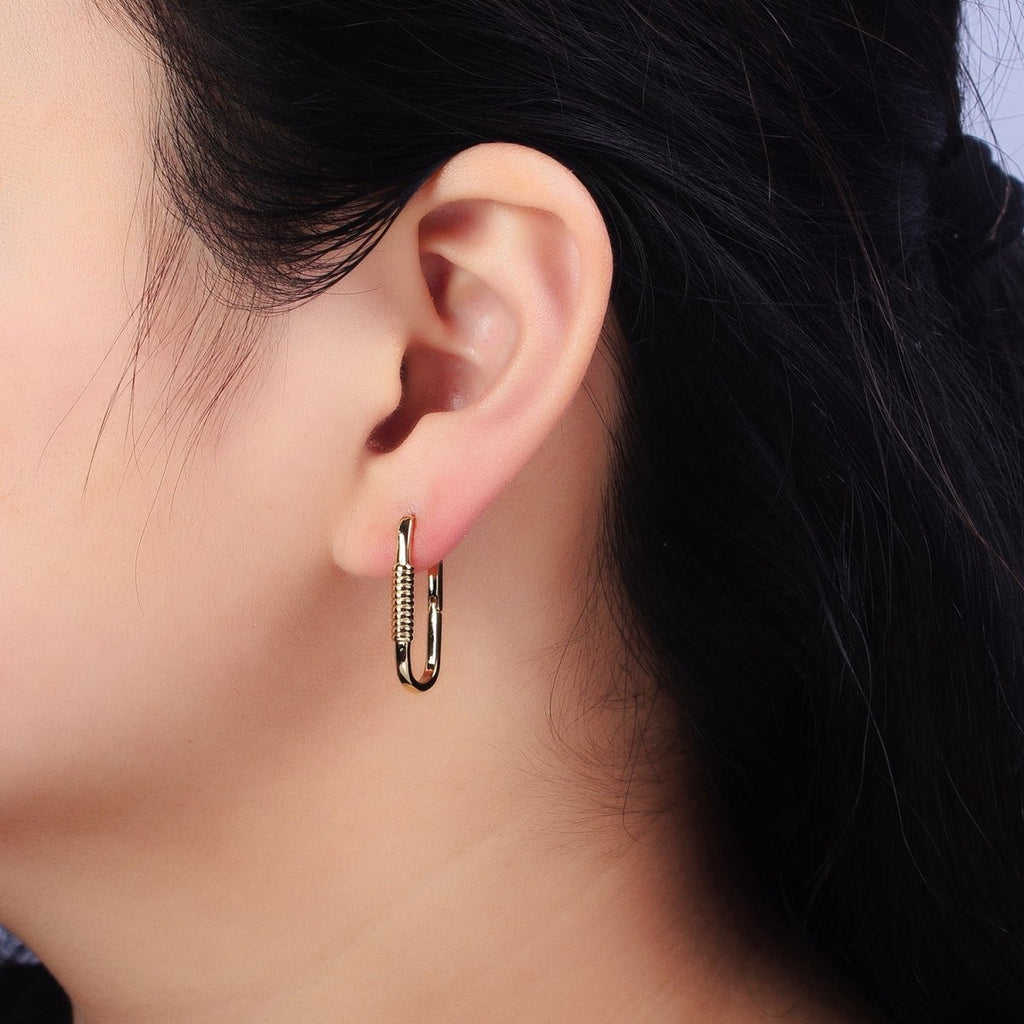 14K Gold plated Lined Cylinder 25mm Oblong Minimalist Hoop Earrings | AB424 - DLUXCA