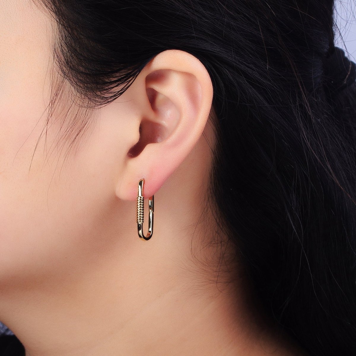 14K Gold plated Lined Cylinder 25mm Oblong Minimalist Hoop Earrings | AB424 - DLUXCA