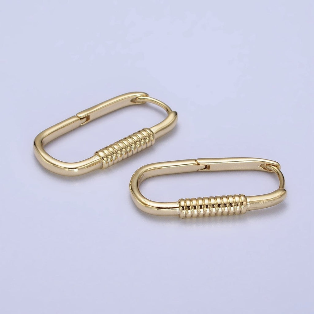 14K Gold plated Lined Cylinder 25mm Oblong Minimalist Hoop Earrings | AB424 - DLUXCA